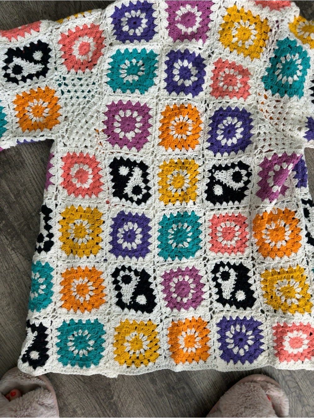 EARTHBOUND Cream Crochet Cardigan with Teal, Purple & Coral Squares - Picture 5 of 6